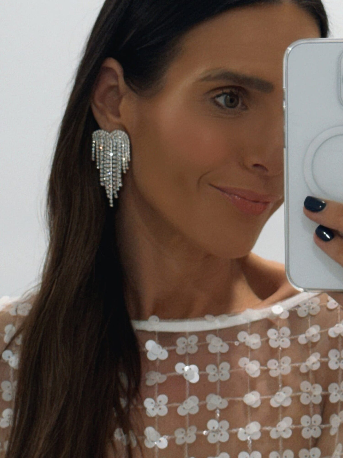 La Bohème Girls Rhinestone Mini Heart Earrings – worn close-up