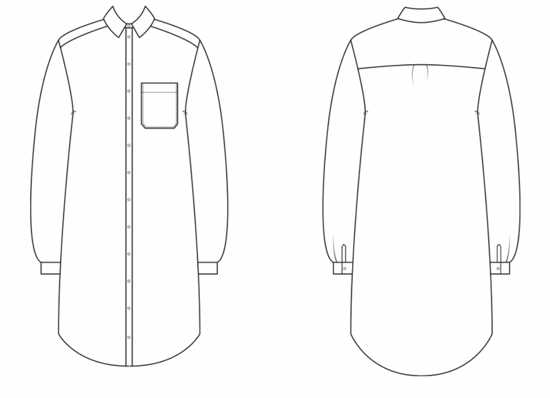 Technical drawing of a shirt with front and back views on a white background