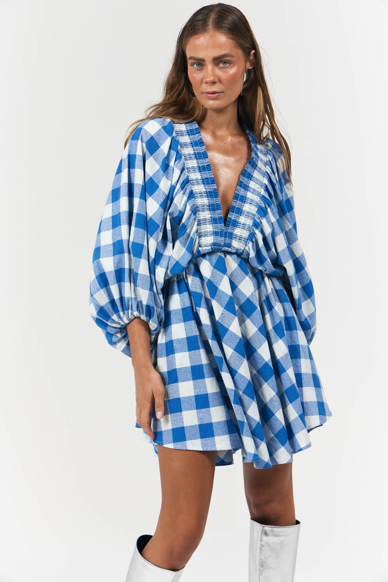 La Bohème Girls Essie V Neck Mini Dress Cobalt Gingham