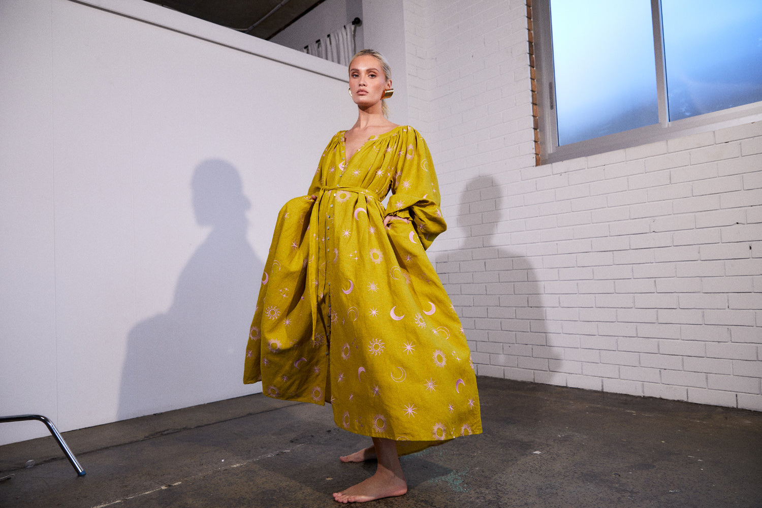 La Bohème Girls Camila Embroidered Maxi Dress L/S Chartreuse