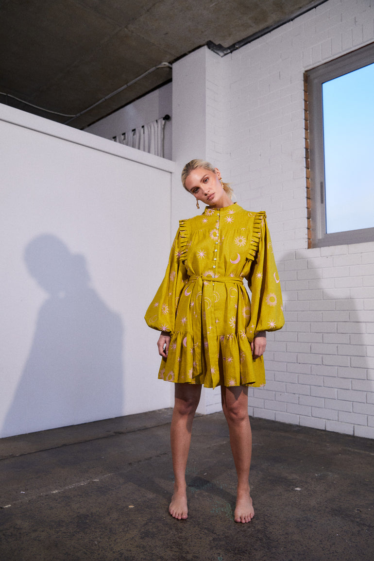 La Bohème Girls Lourdes Embroidered Mini Dress Chartreuse