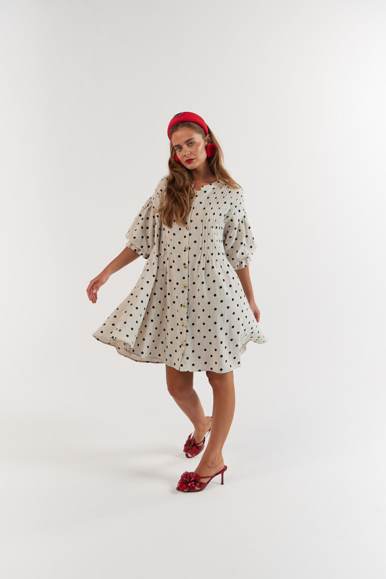 La Bohème Girls Poppy Mini Dress Oat Polka