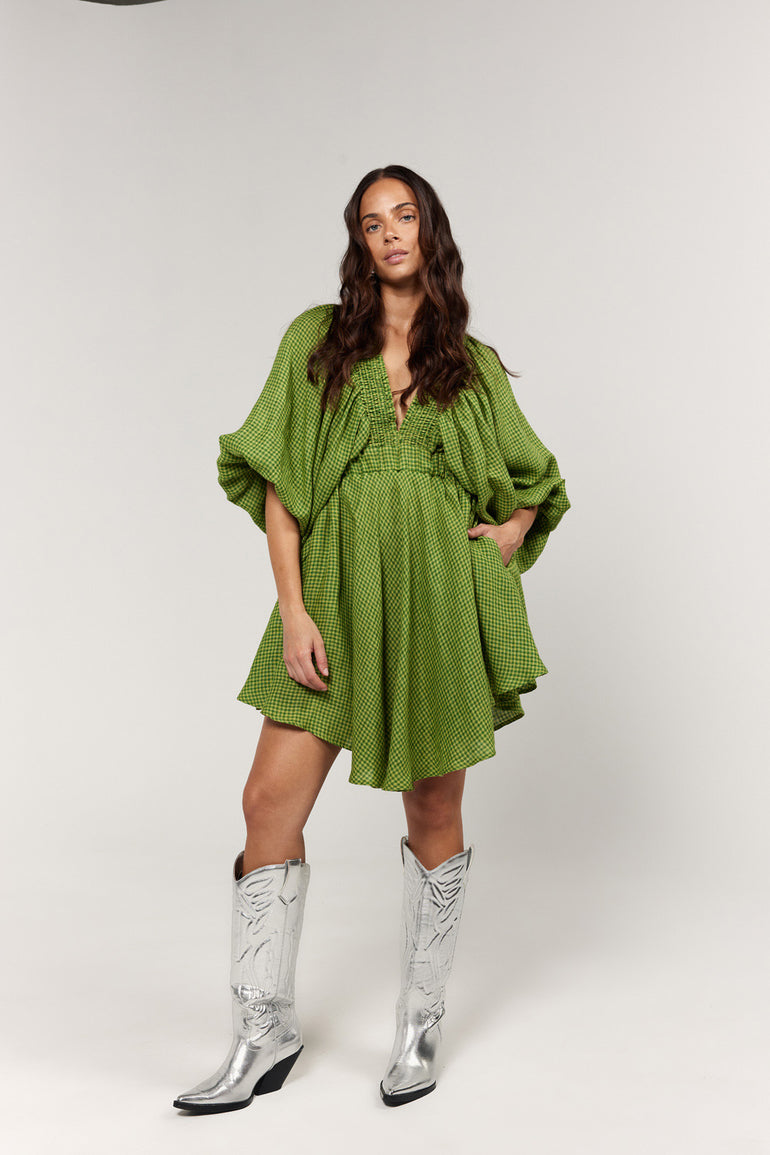 La Bohème Girls Essie V Neck Mini Dress Green Gingham