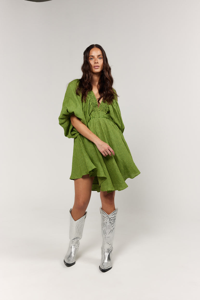 La Bohème Girls Essie V Neck Mini Dress Green Gingham