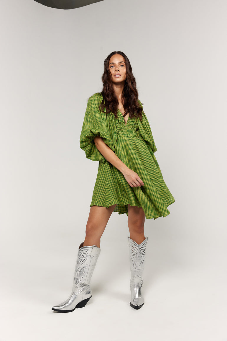 La Bohème Girls Essie V Neck Mini Dress Green Gingham