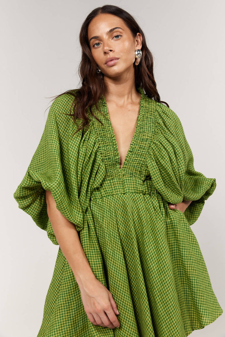 La Bohème Girls Essie V Neck Mini Dress Green Gingham