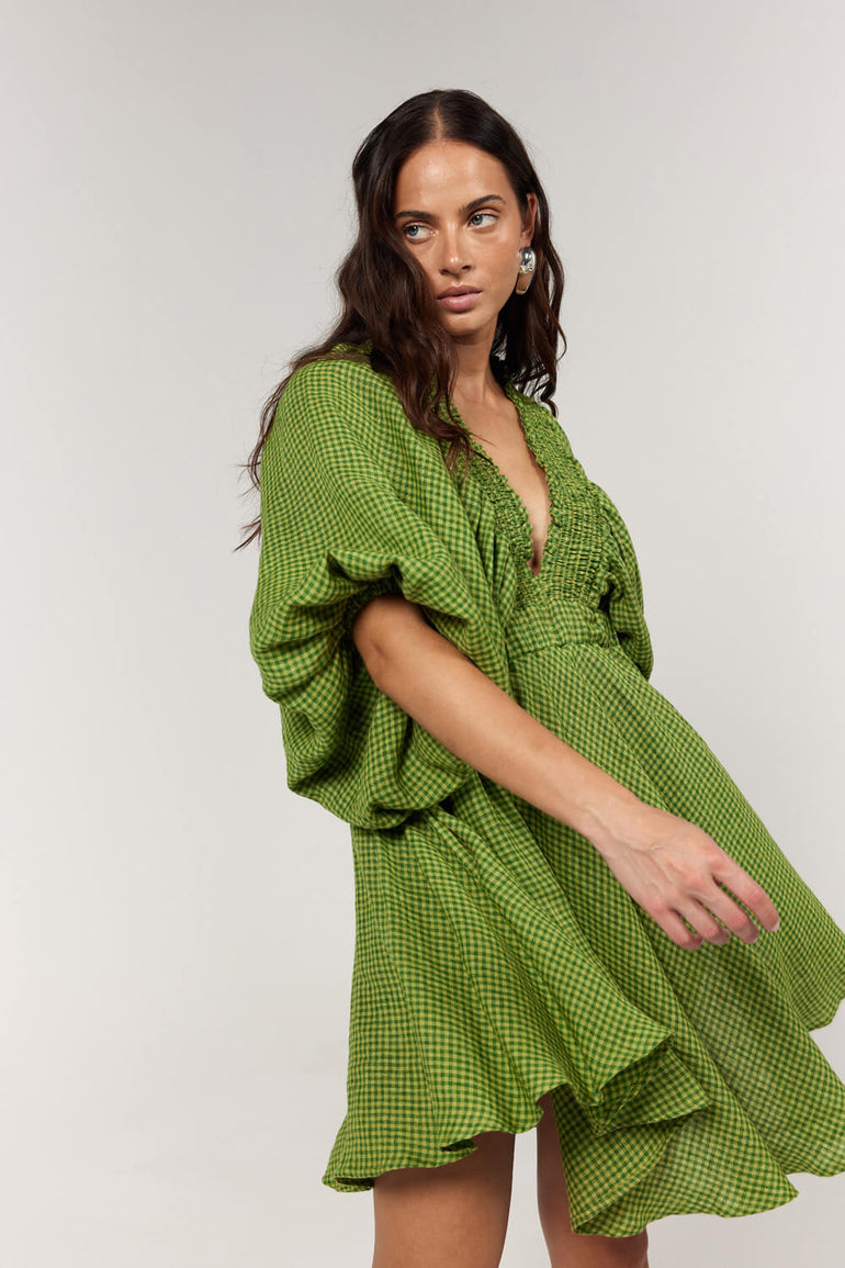 La Bohème Girls Essie V Neck Mini Dress Green Gingham