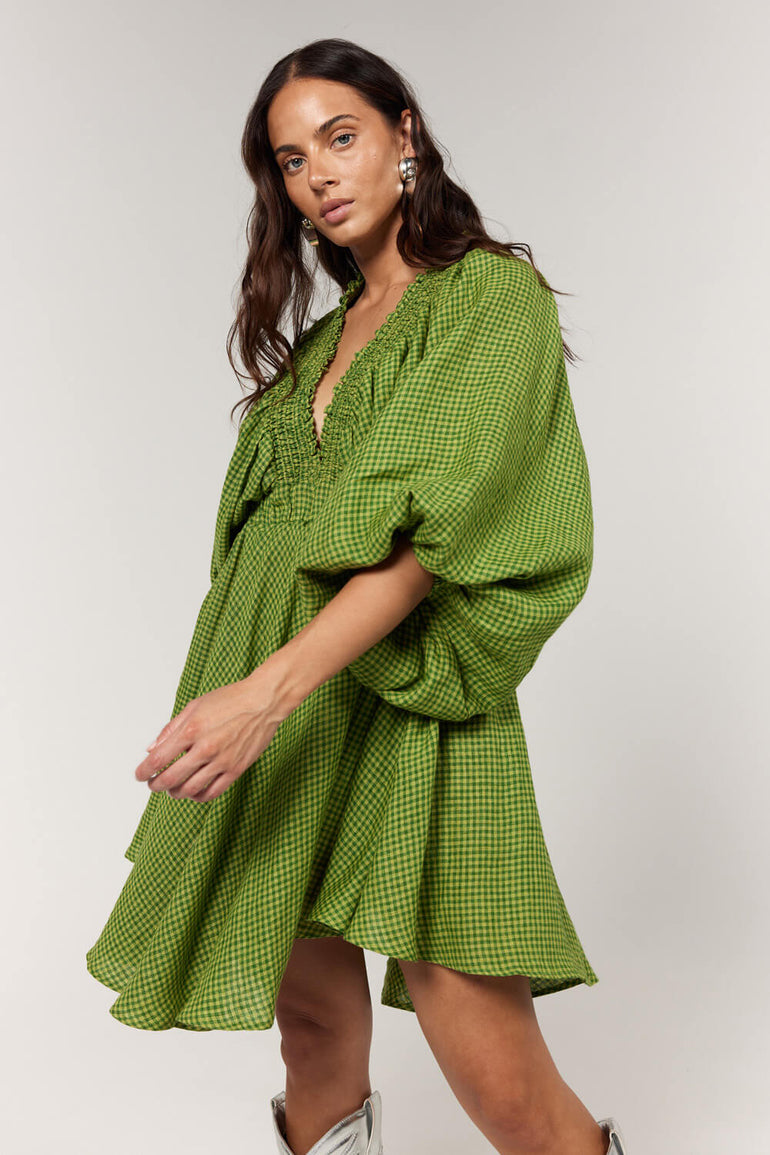 La Bohème Girls Essie V Neck Mini Dress Green Gingham