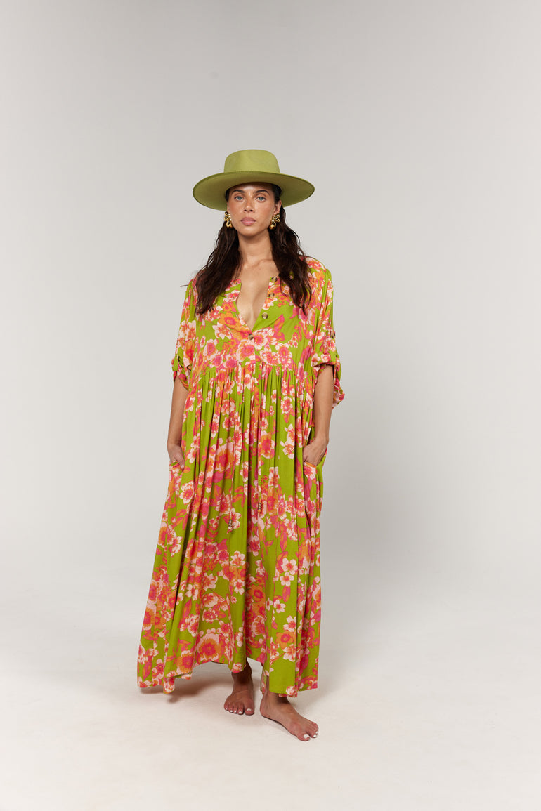 La Bohème Girls Selma Maxi Dress Green Multi Floral