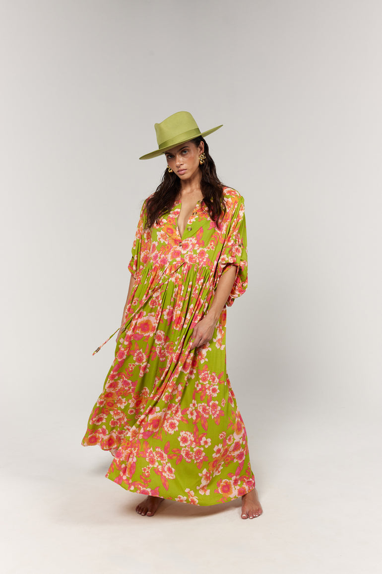 La Bohème Girls Selma Maxi Dress Green Multi Floral