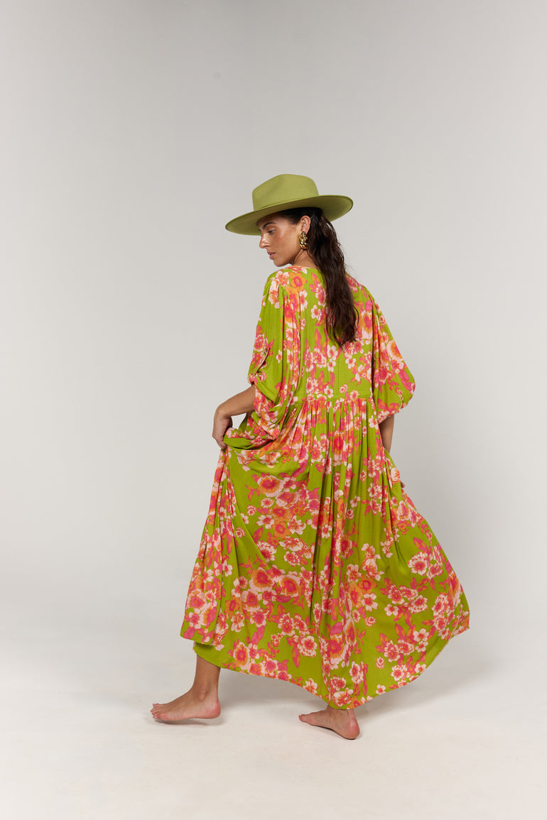 La Bohème Girls Selma Maxi Dress Green Multi Floral