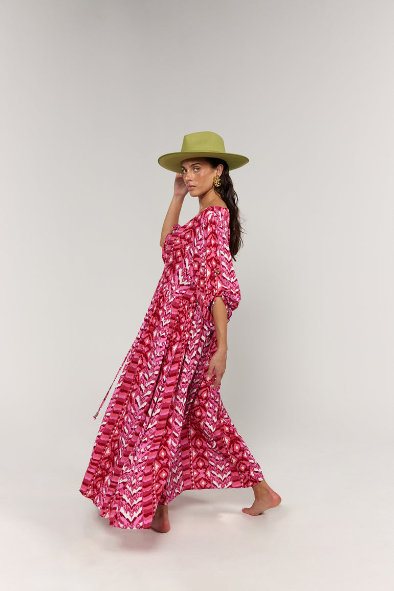 La Bohème Girls Selma Maxi Dress Hot Pink Aztec