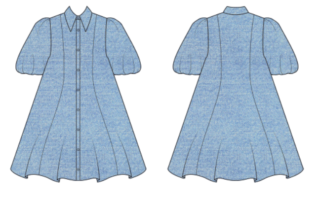 A flat technical illustration showing the front and back views of a short-sleeve button-front dress in light blue, with a pointed collar and gathered sleeves.