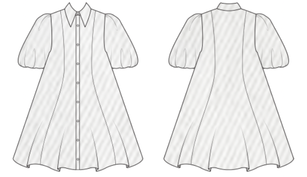 Black and white technical line drawing showing the front and back views of a short puff-sleeve button-up dress.
