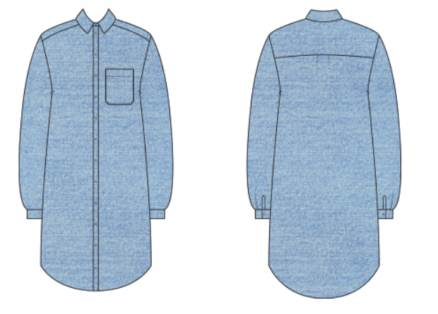 Blue shirt with long sleeves shown from front and back