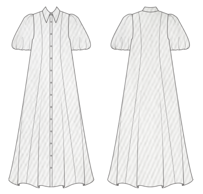 Line drawing of a long dress with short sleeves on a white background
