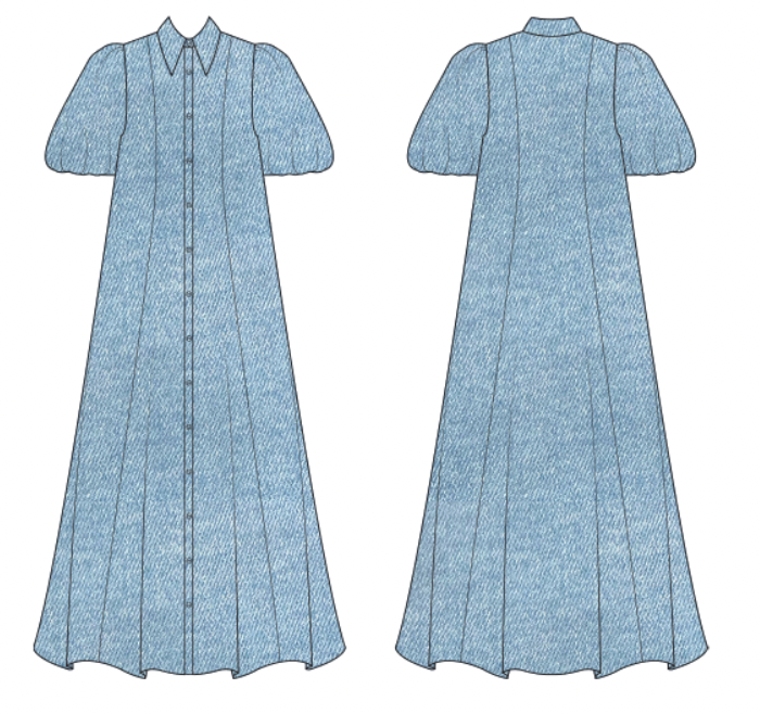Blue dress with short sleeves shown from front and back.
