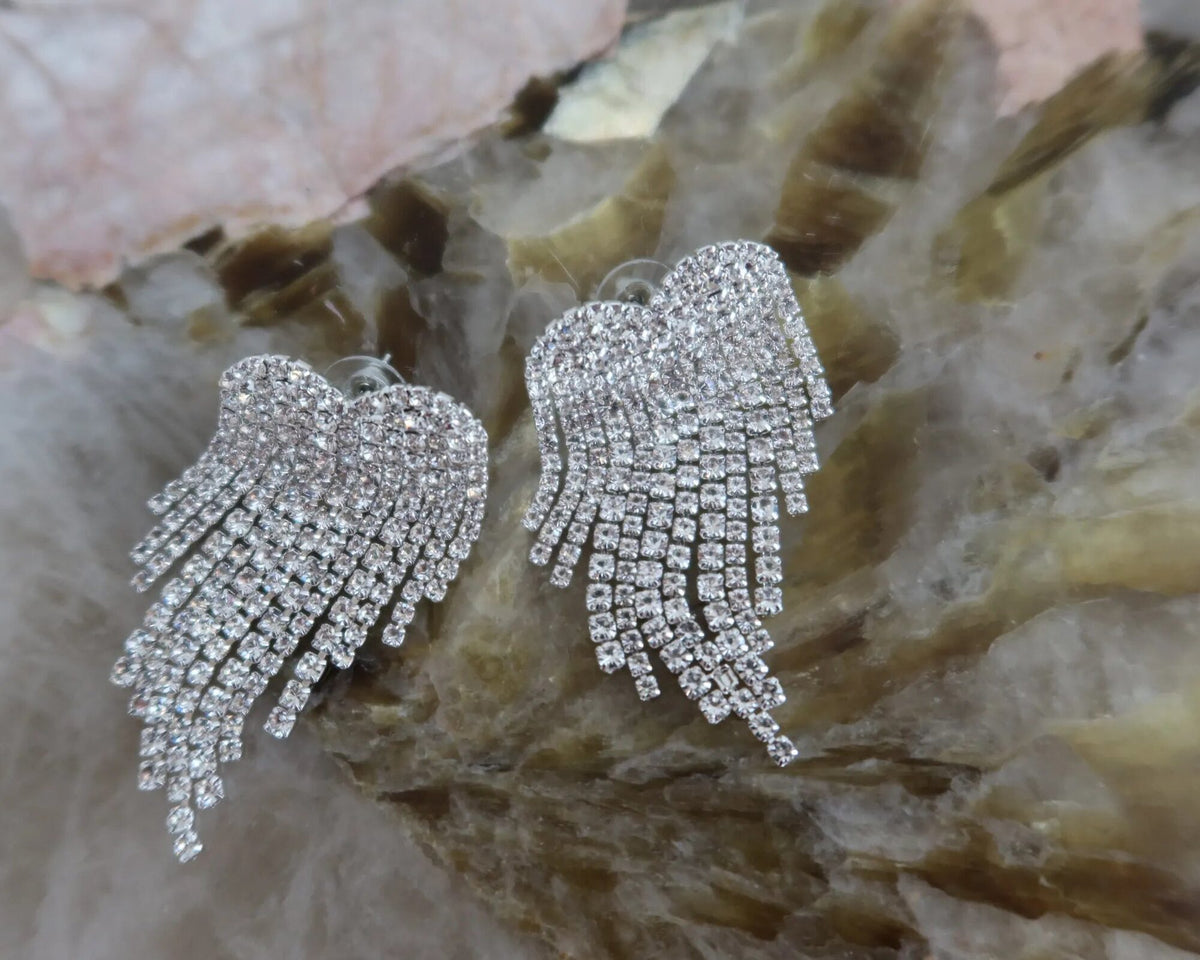 La Bohème Girls Rhinestone Mini Heart Earrings – rhinestone heart tassel earrings on stone