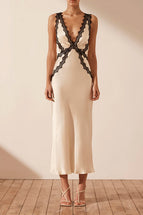 Shona Joy Camille Lace Cross Back Midi Dress Cream Black