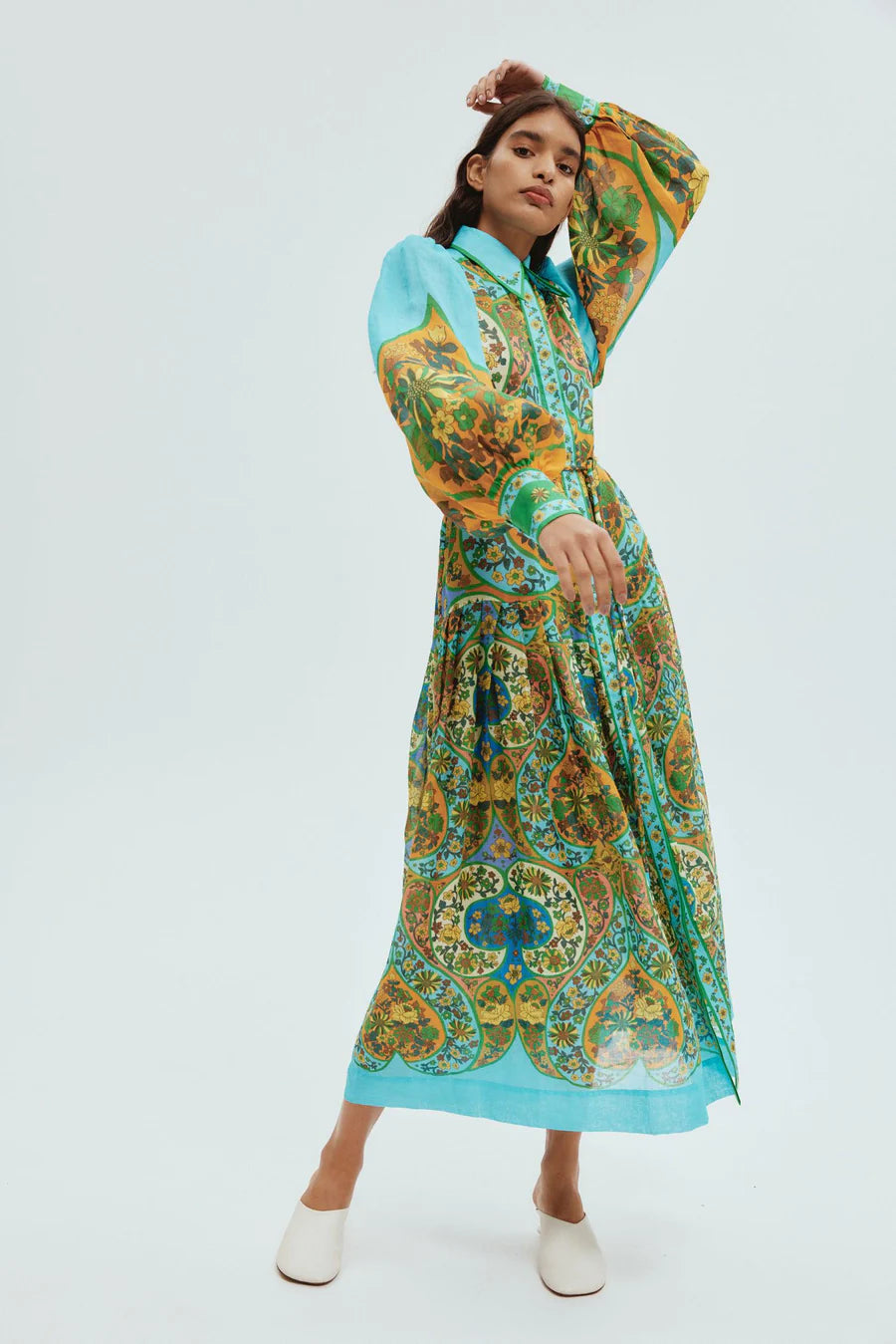 Gaia Bohemian Kaftan Dress Blue Red & Green Sari  All About Audrey – All  About Audrey Vintage Boutique