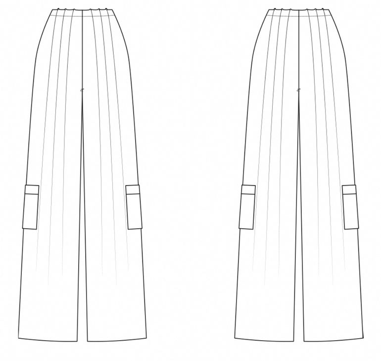 Line drawing of a pair of wide-leg pants with front and back views on a white background.