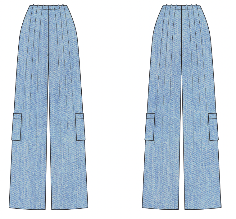 Light blue pleated pants on a white background