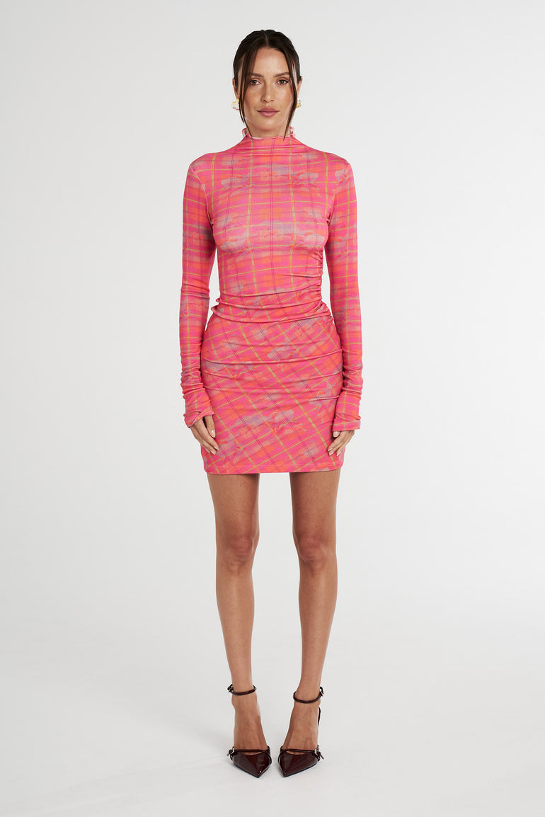 Summi Summi Neon Plaid LS Ruched Dress