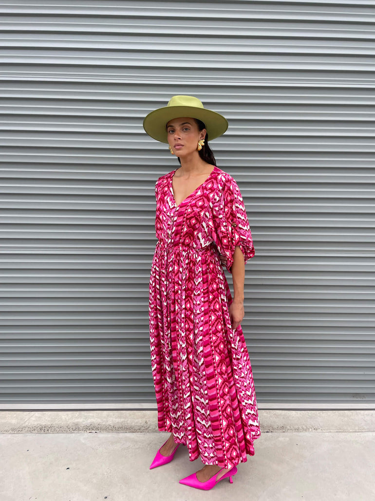 La Bohème Girls Selma Maxi Dress Hot Pink Aztec