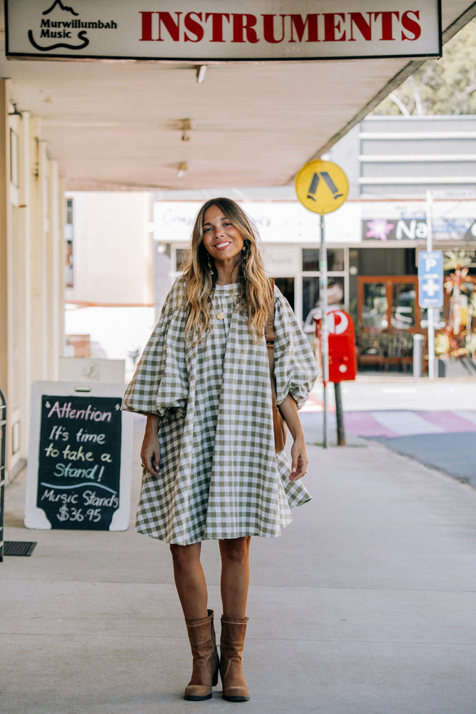 La Bohème Girls Mollie Smock Dress Moss Gingham